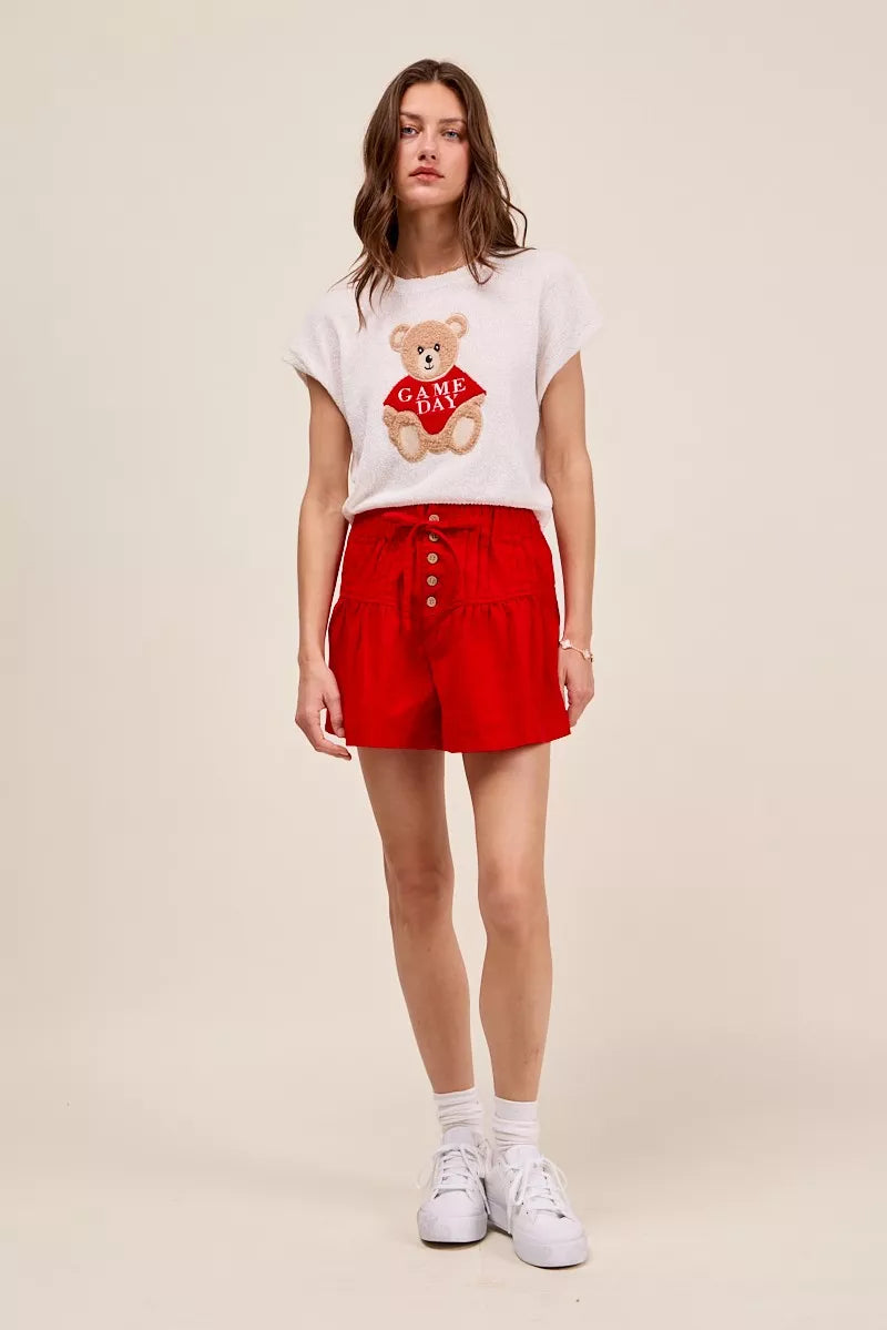 SO ME Solid Twill Denim Pintucked Buttoned Shorts With Waist Tie in Red, view 5