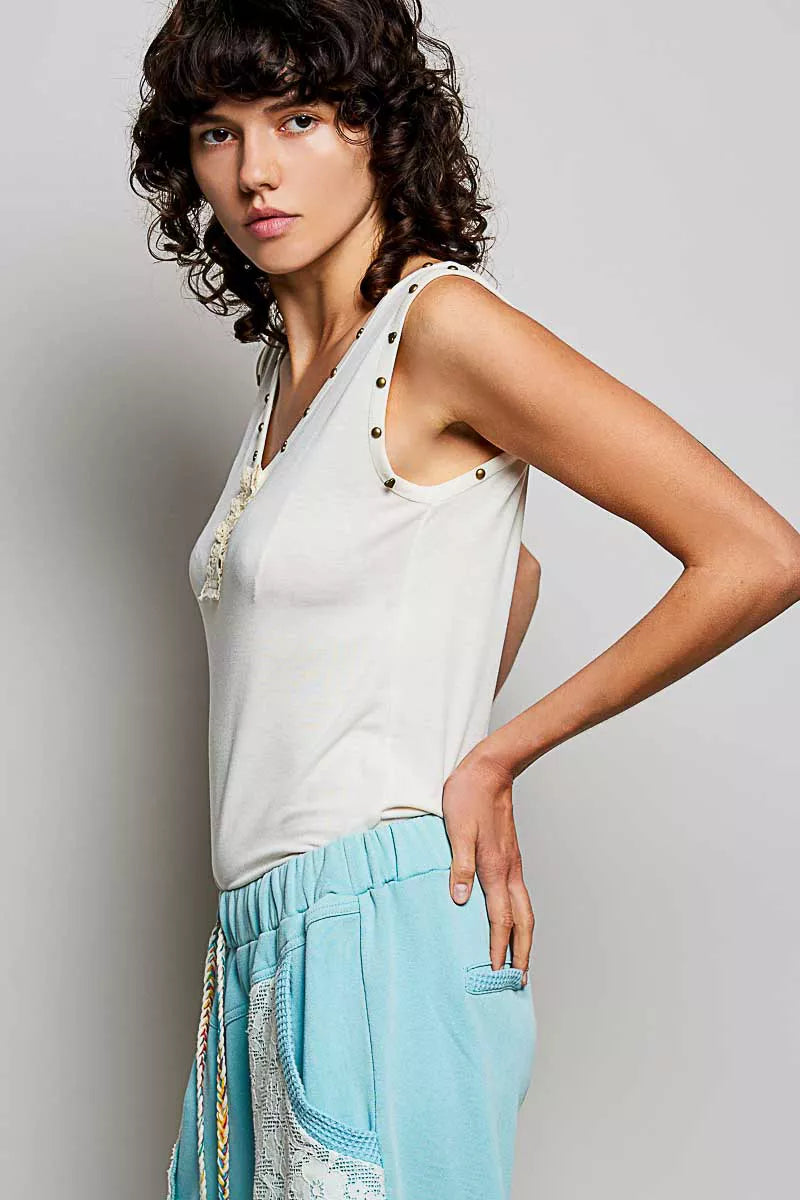 POL Studded Trim Button-Front Ruffle Detail Tank - Lilixa.store
