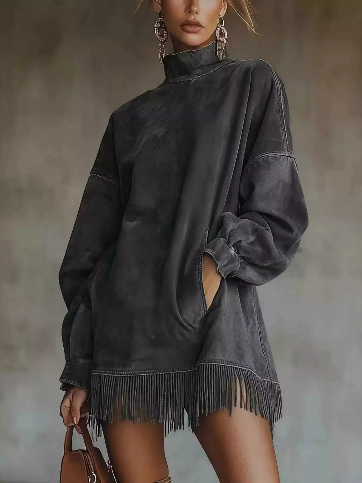 Full Size Mock Neck Fringed Hem Long Sleeve Mini Dress Plus Size