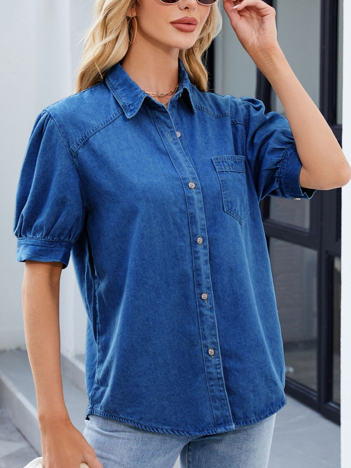 Puff Sleeve Button-Down Denim Shirt - Lilixa.store