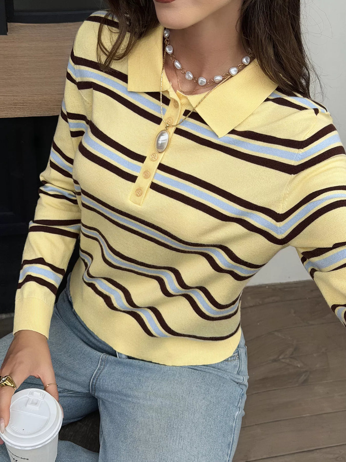 Striped Polo Collar Knit Top - Lilixa.store