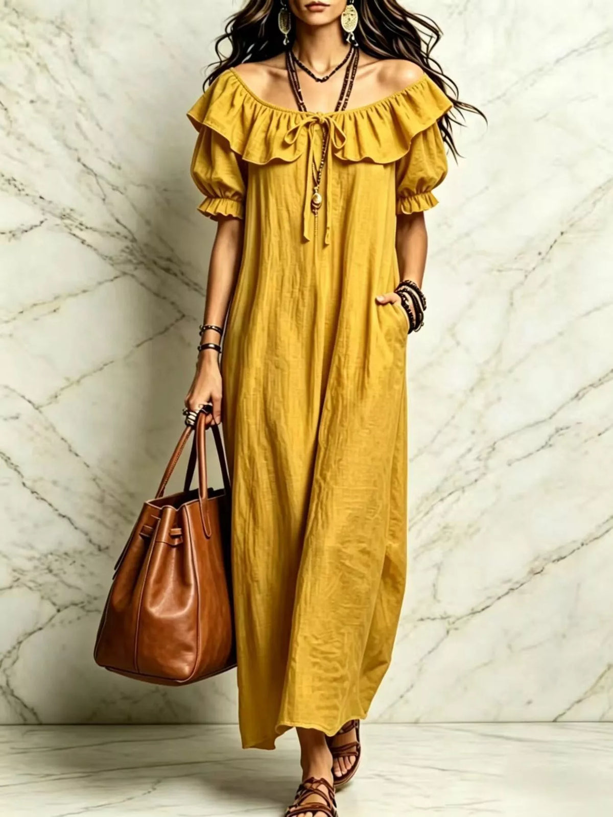 Ruffle Trim Puff Sleeve Maxi Dress - Lilixa.store