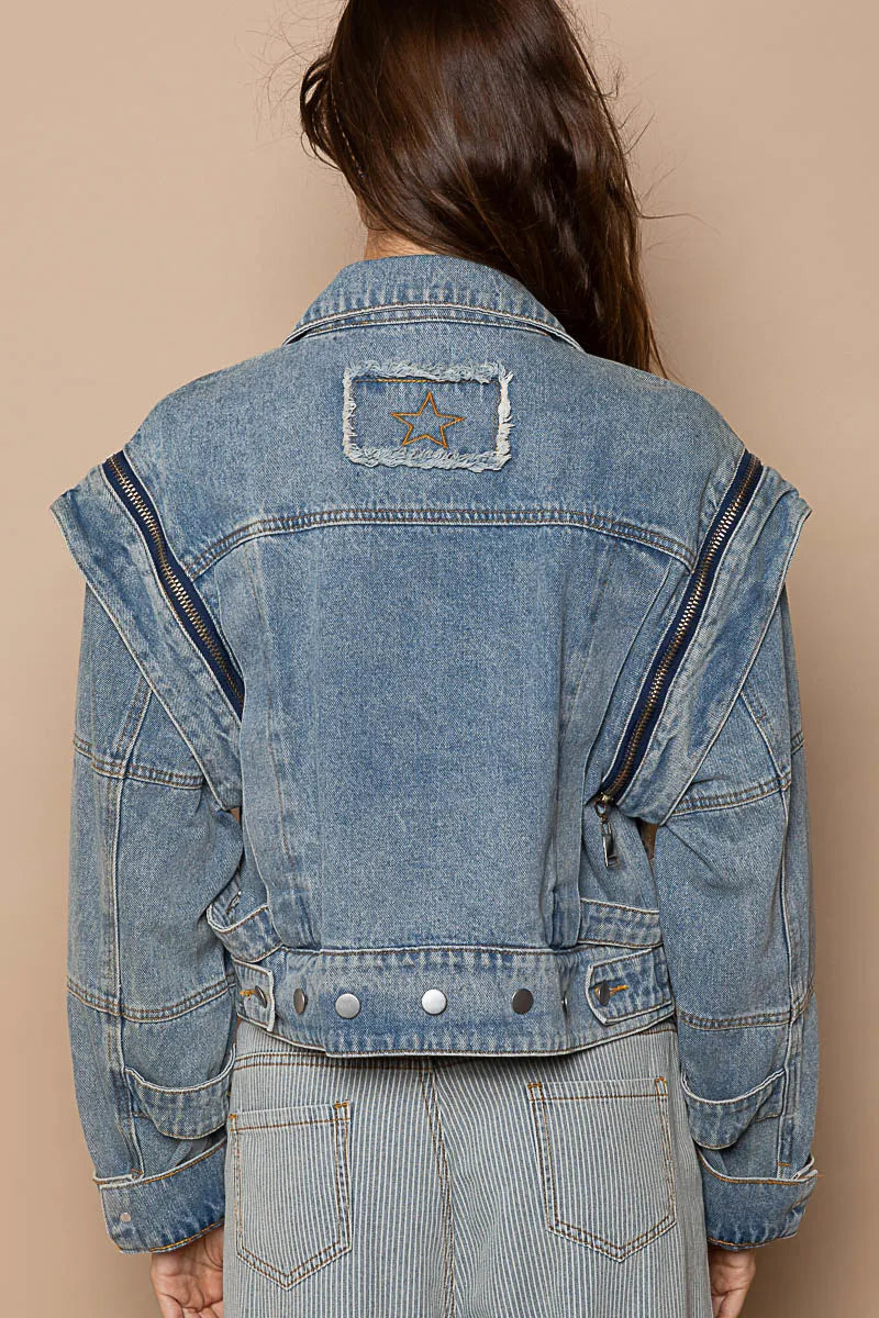 POL Cropped Denim Jacket with Functional Zipper Detail in Dusty Blue, view 3