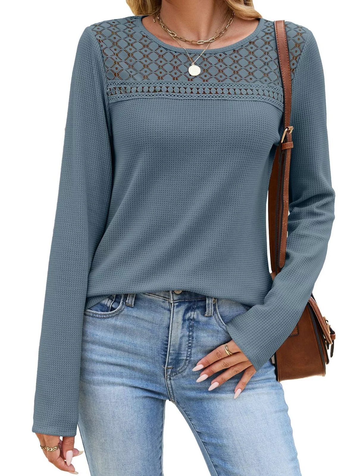 Lace Panel Waffle Knit Long Sleeve T-Shirt