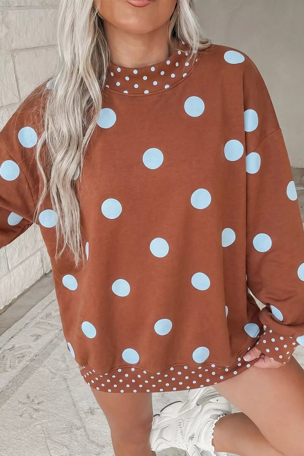 Polka Dot Dropped Shoulder Sweatshirt - Lilixa.store