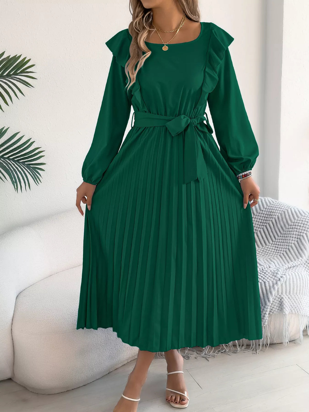 Ruffled Pleated Midi Dress with Waist Tie, view 6