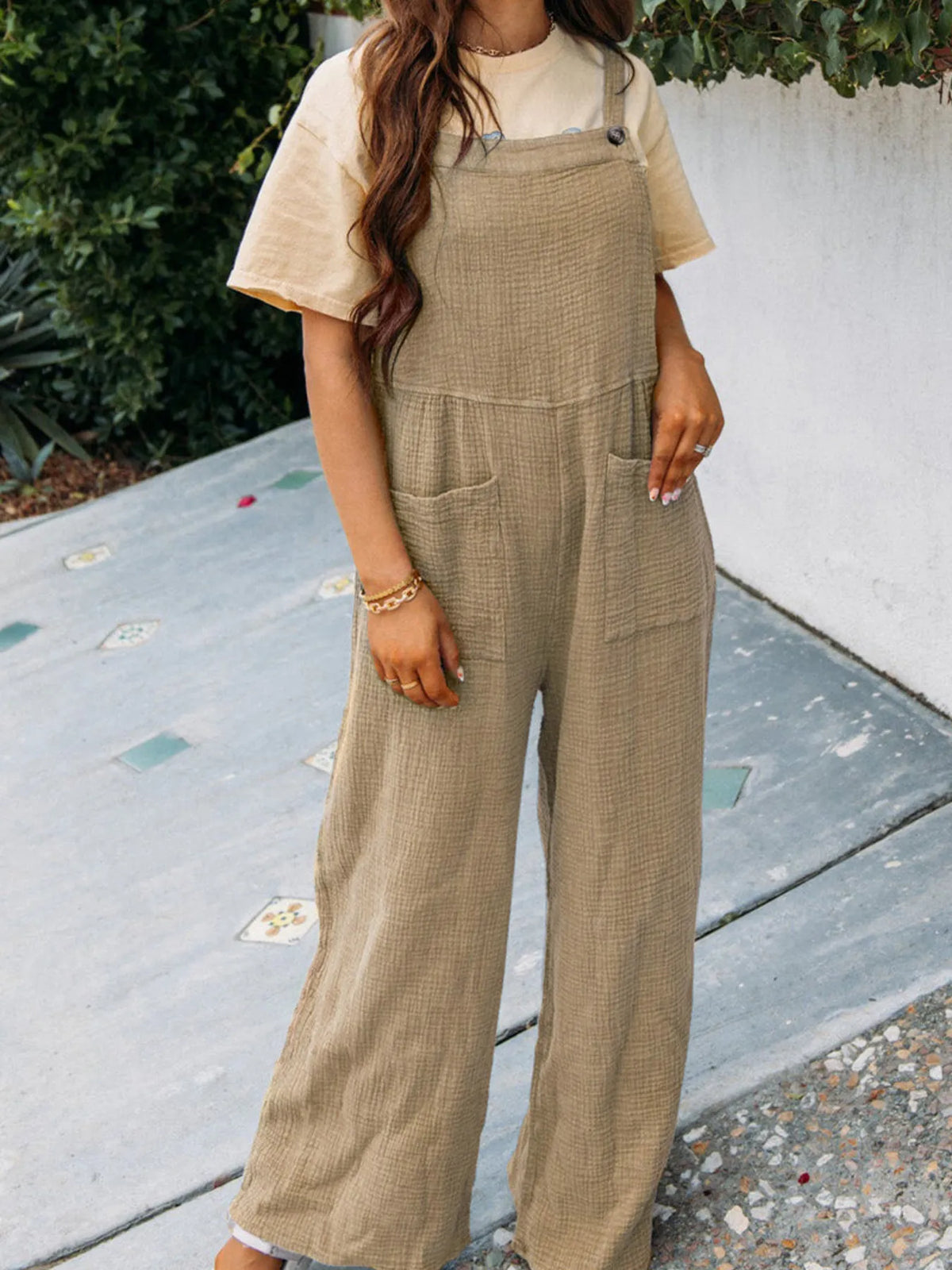 Full Size Casual Wide Leg Textured Overalls Plus Size in Khaki