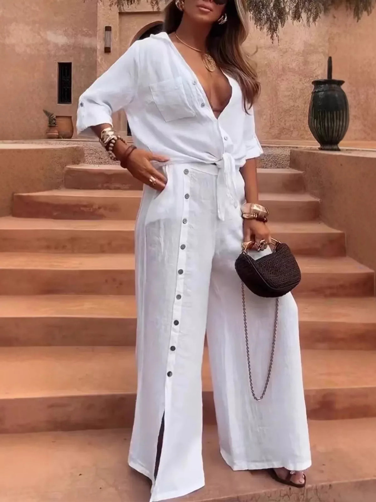 Full Size Tie-Front Shirt and Button-Down Wide-Leg Pants Set Plus Size in White