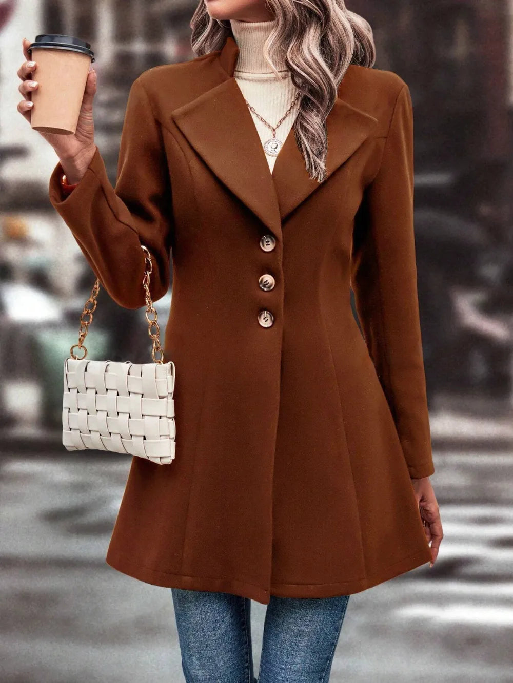 Collared Neck Long Sleeve Longline Coat, view 3