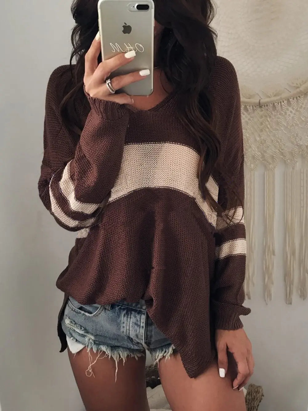 Striped V-Neck Long Sleeve Sweater in Chocolate