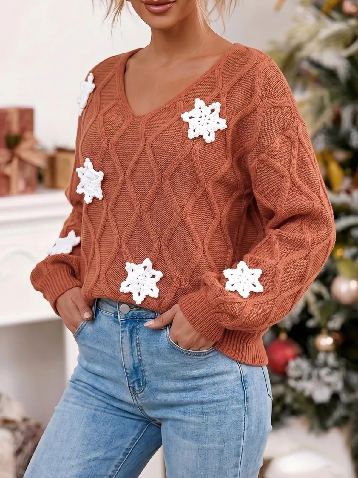 Snowflake Textured V-Neck Sweater - Lilixa.store