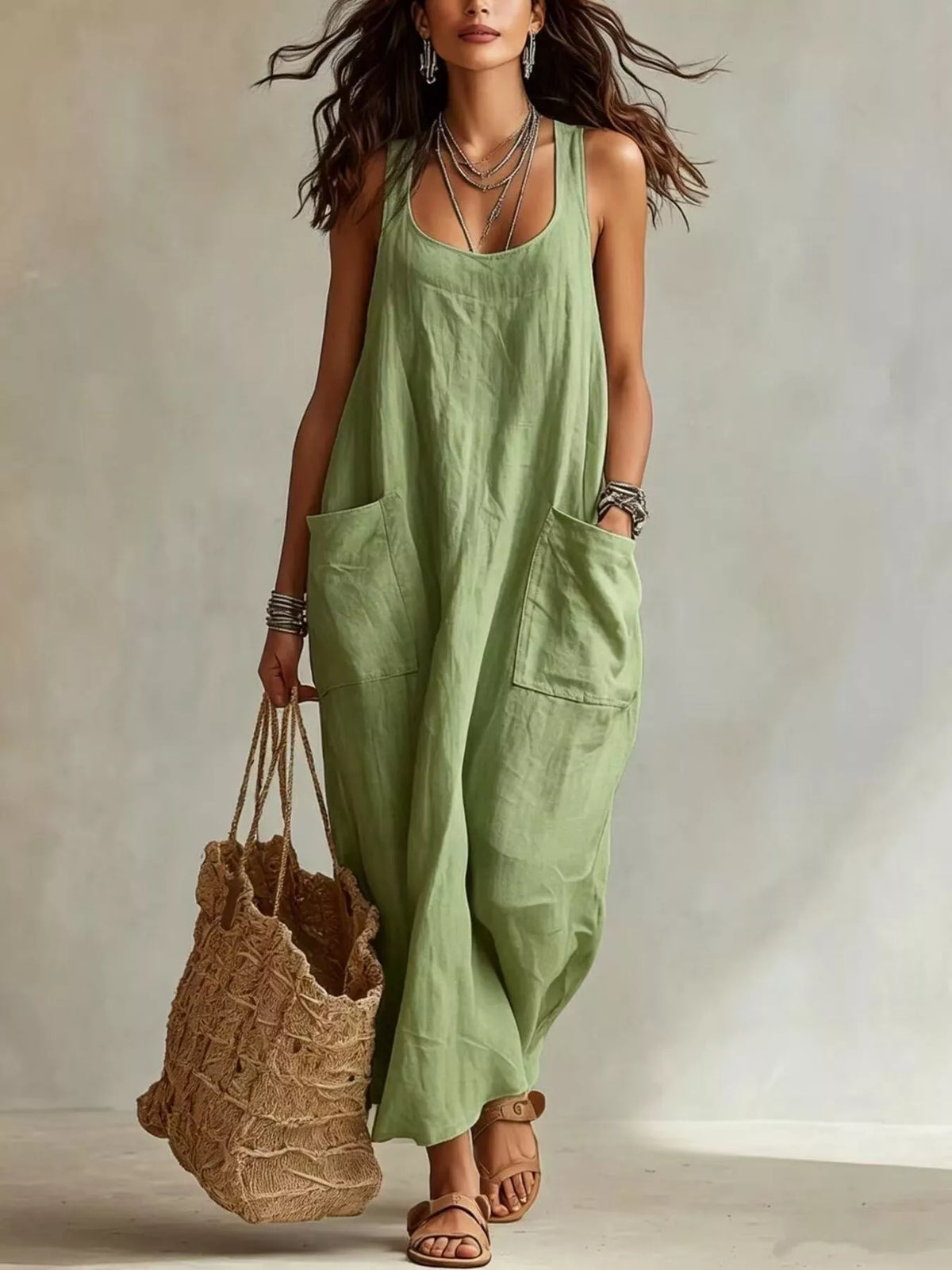 Scoop Neck Sleeveless Maxi Dress with Pockets - Lilixa.store