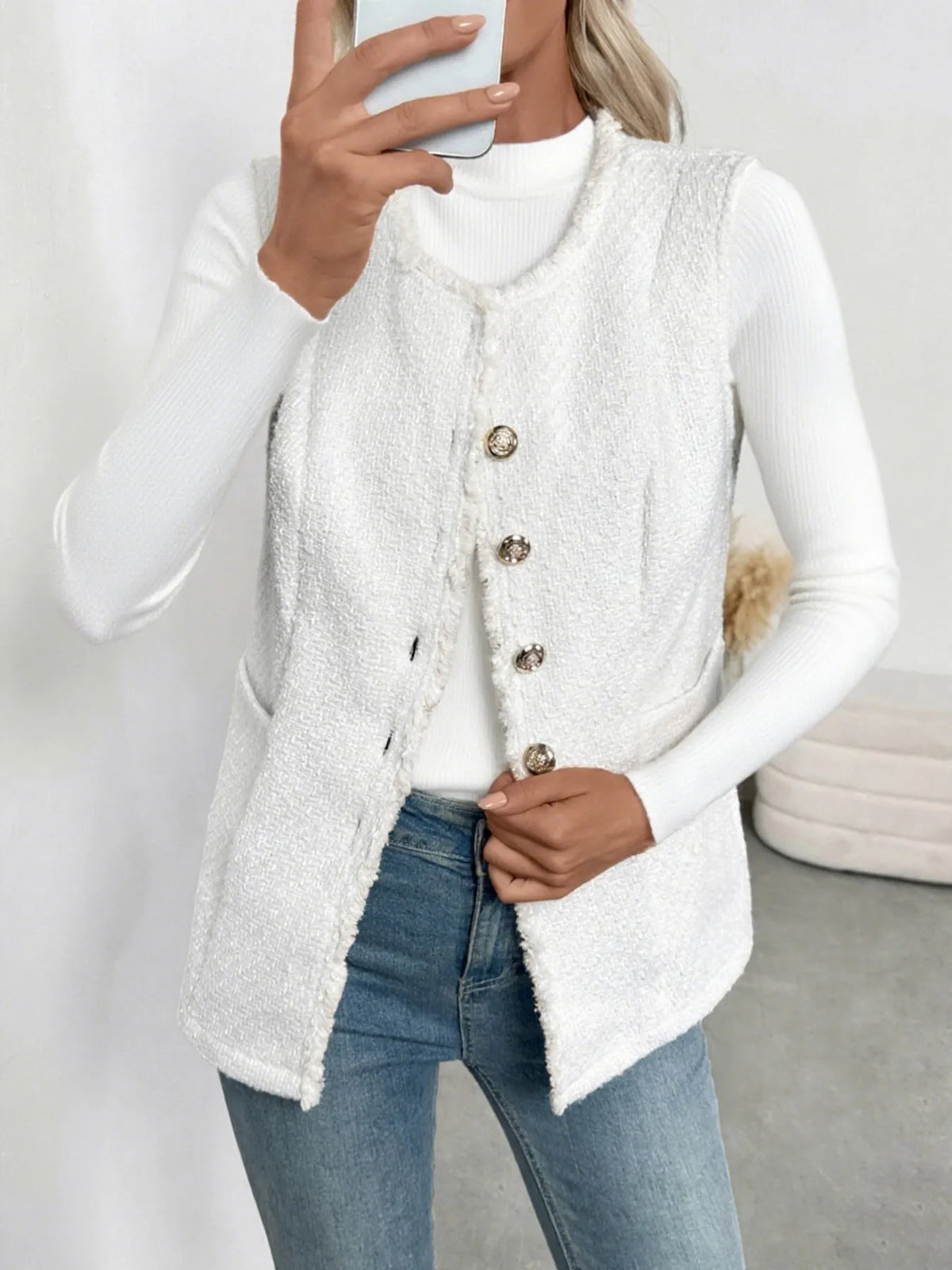 Textured Button-Front Vest with Raw Edge in White