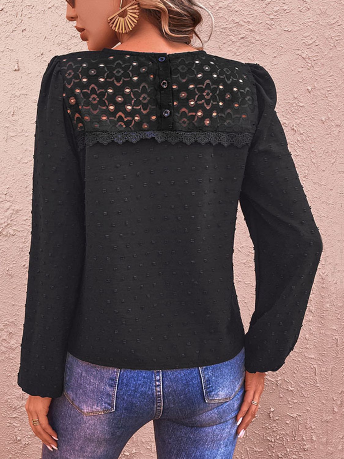 Perfee Swiss Dot Lace Trim Long Sleeve Blouse in Black, view 2