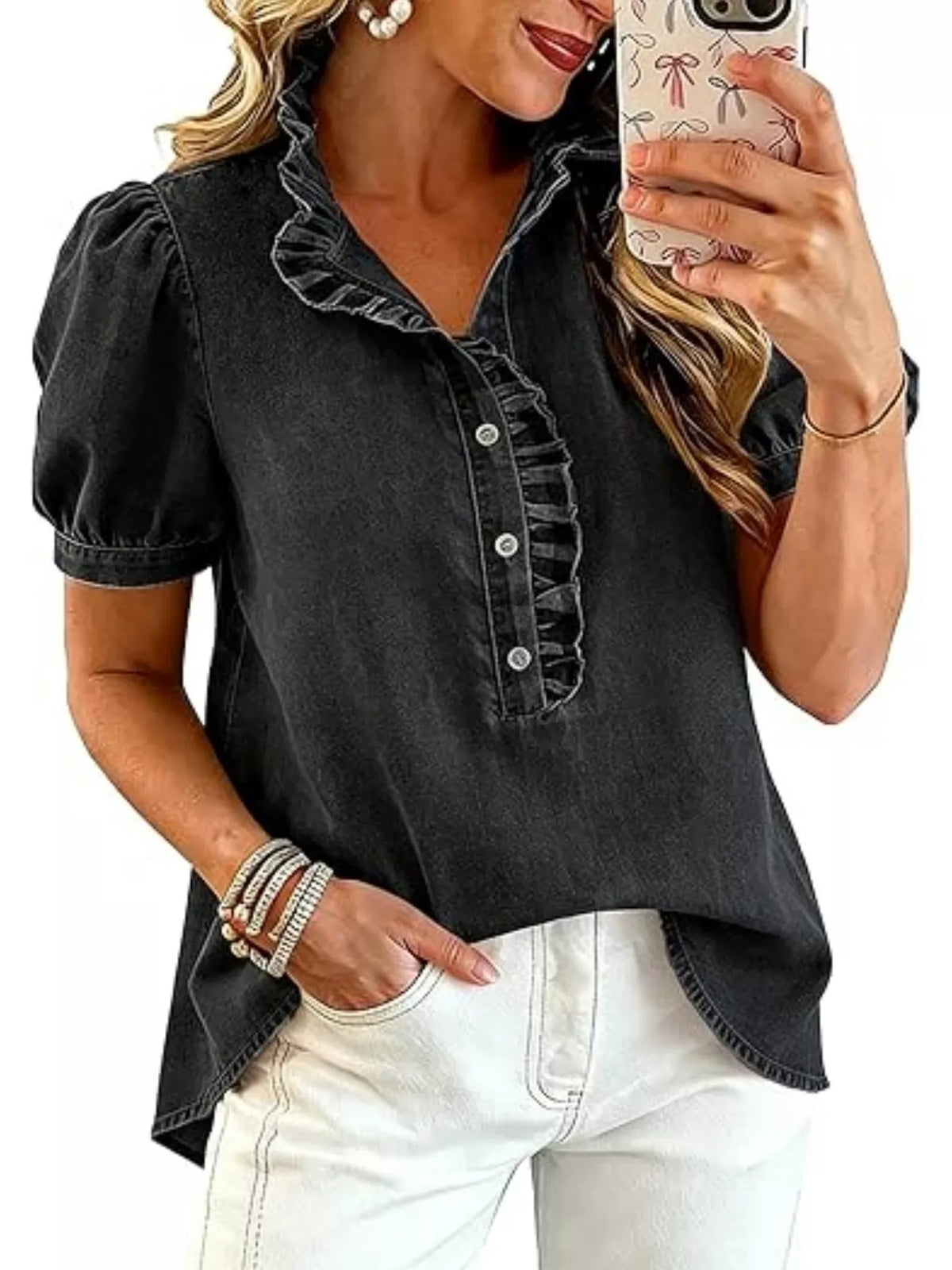 Frill Puff Sleeve Denim Top - Lilixa.store