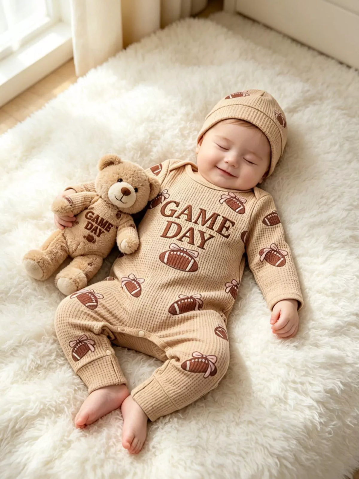 Children's Football Print Game Day Long Sleeve Jumpsuit and Hat Set - Lilixa.store
