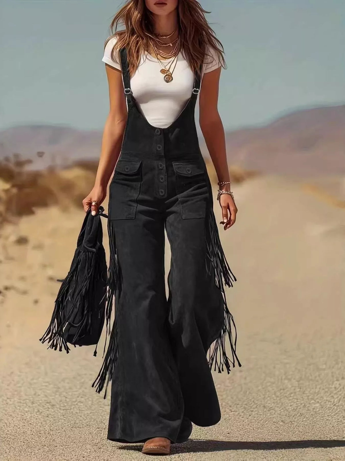 Fringe Detail Flare Leg Overalls - Lilixa.store