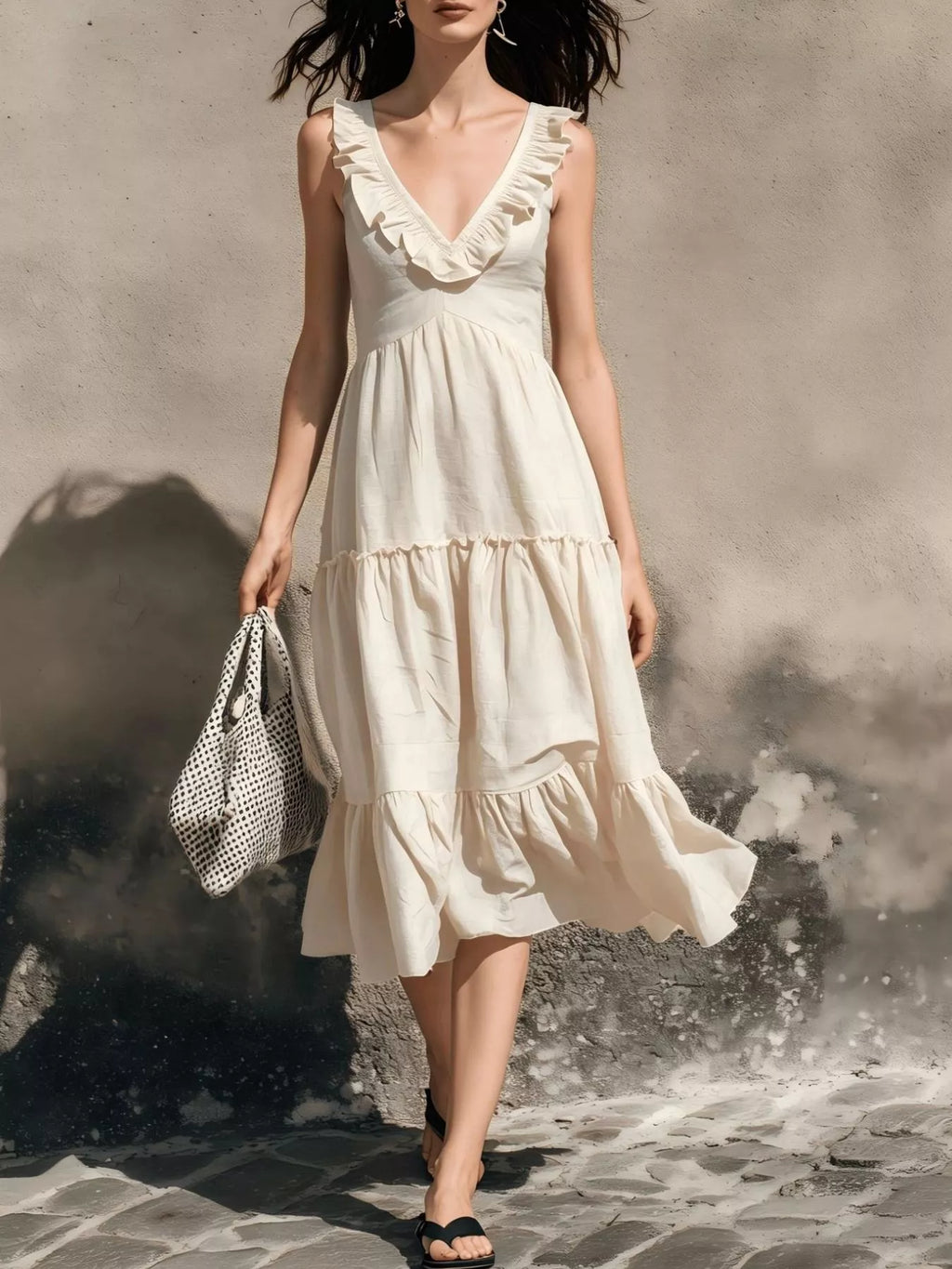 Full Size Ruffled V-Neck Tiered Midi Dress Plus Size - Lilixa.store