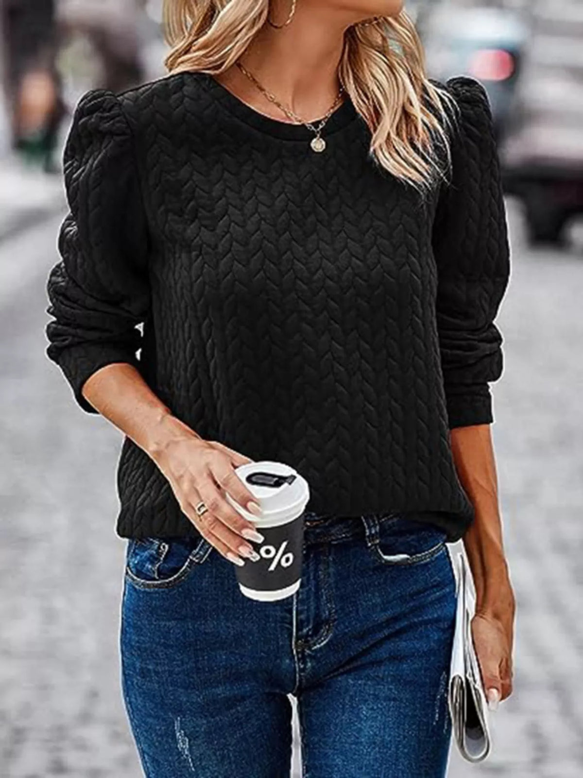 Texture Round Neck Long Sleeve Sweatshirt - Lilixa.store