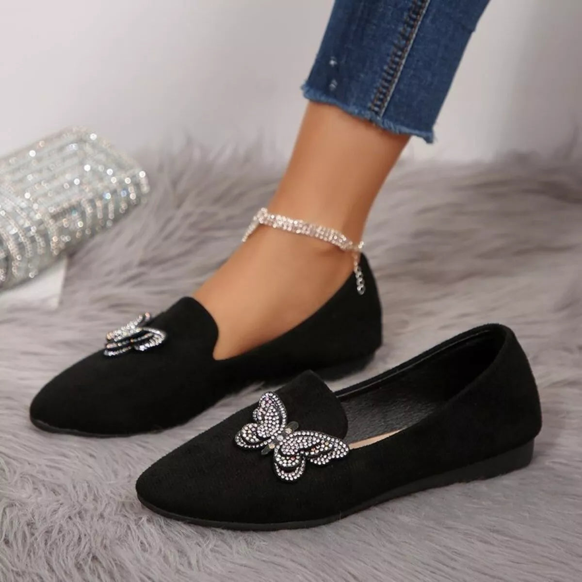 Butterfly Decor Slip-Ons in Black