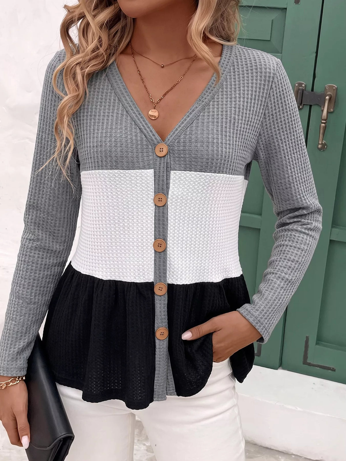 Color Block Waffle Knit Button-Down Cardigan - Lilixa.store