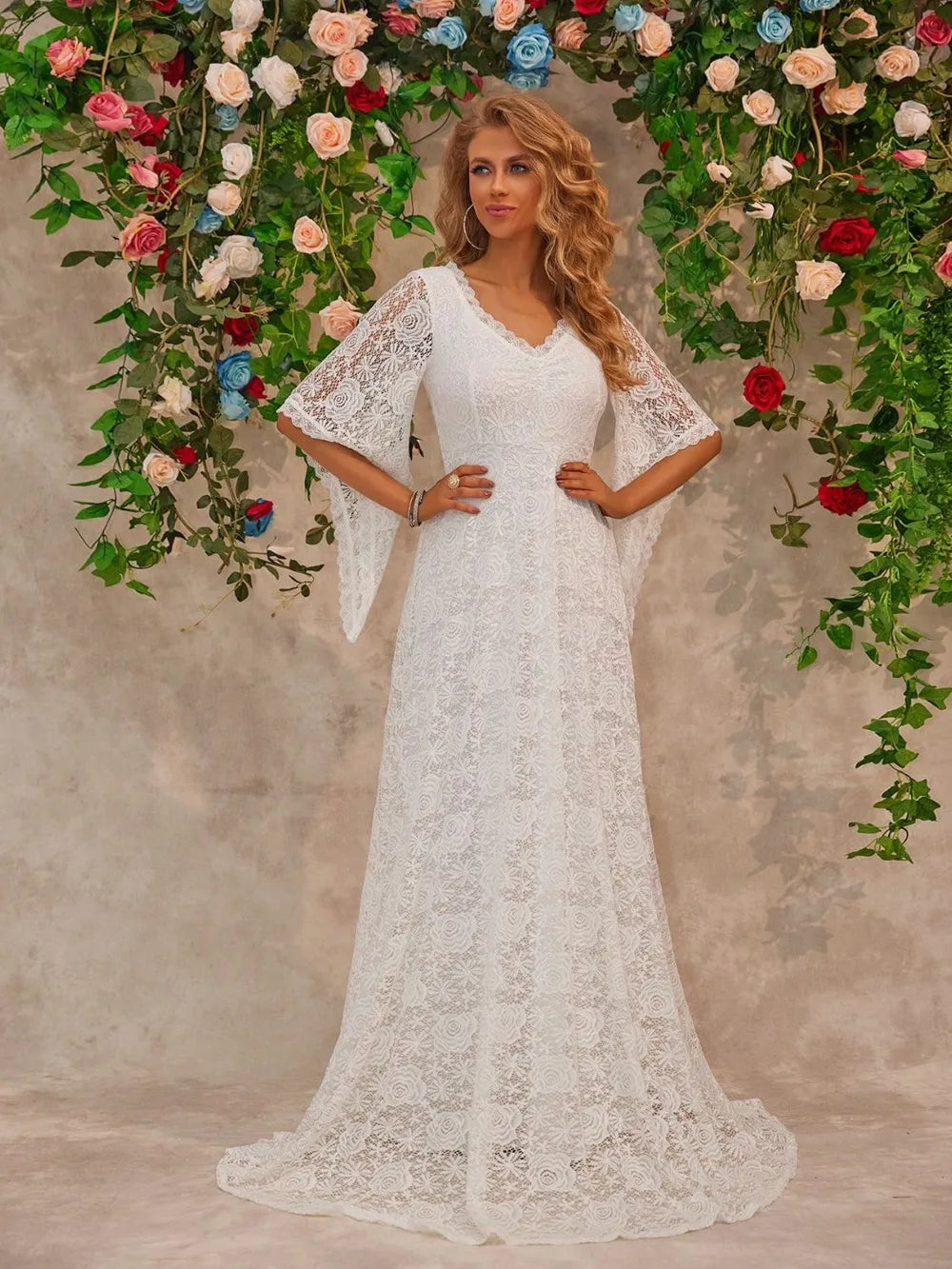 Lace V-Neck Floor length Dress - Lilixa.store
