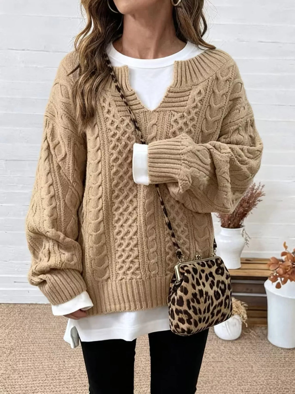 Full Size Cable Knit Dropped Shoulder Sweater Plus Size