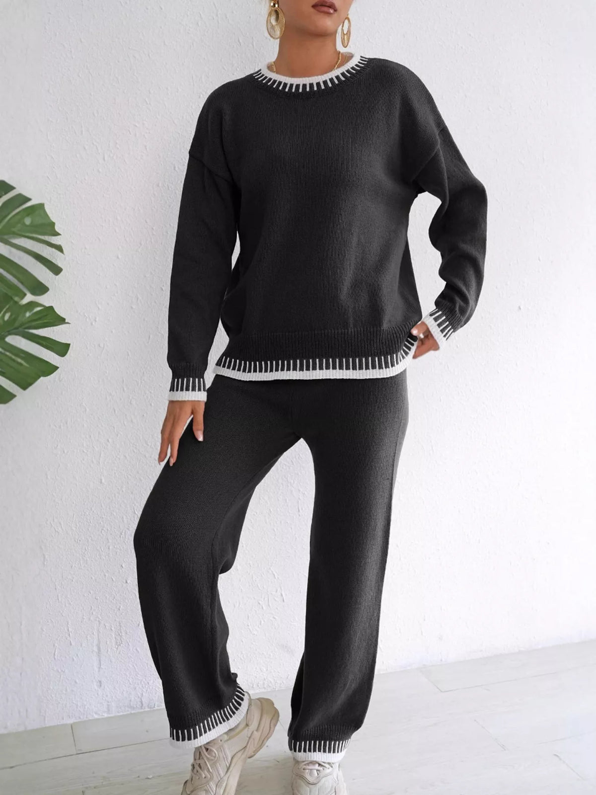 Contrast Trim Crew Neck Sweater and Pants Set