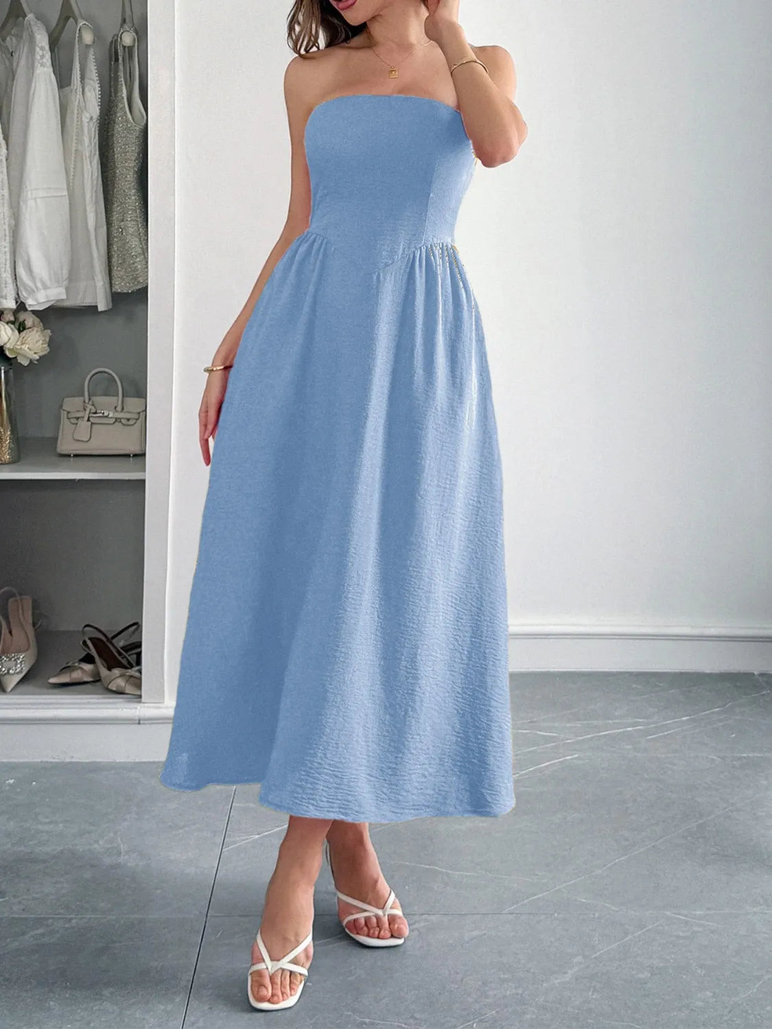 Strapless A-Line Midi Dress with Pockets - Lilixa.store