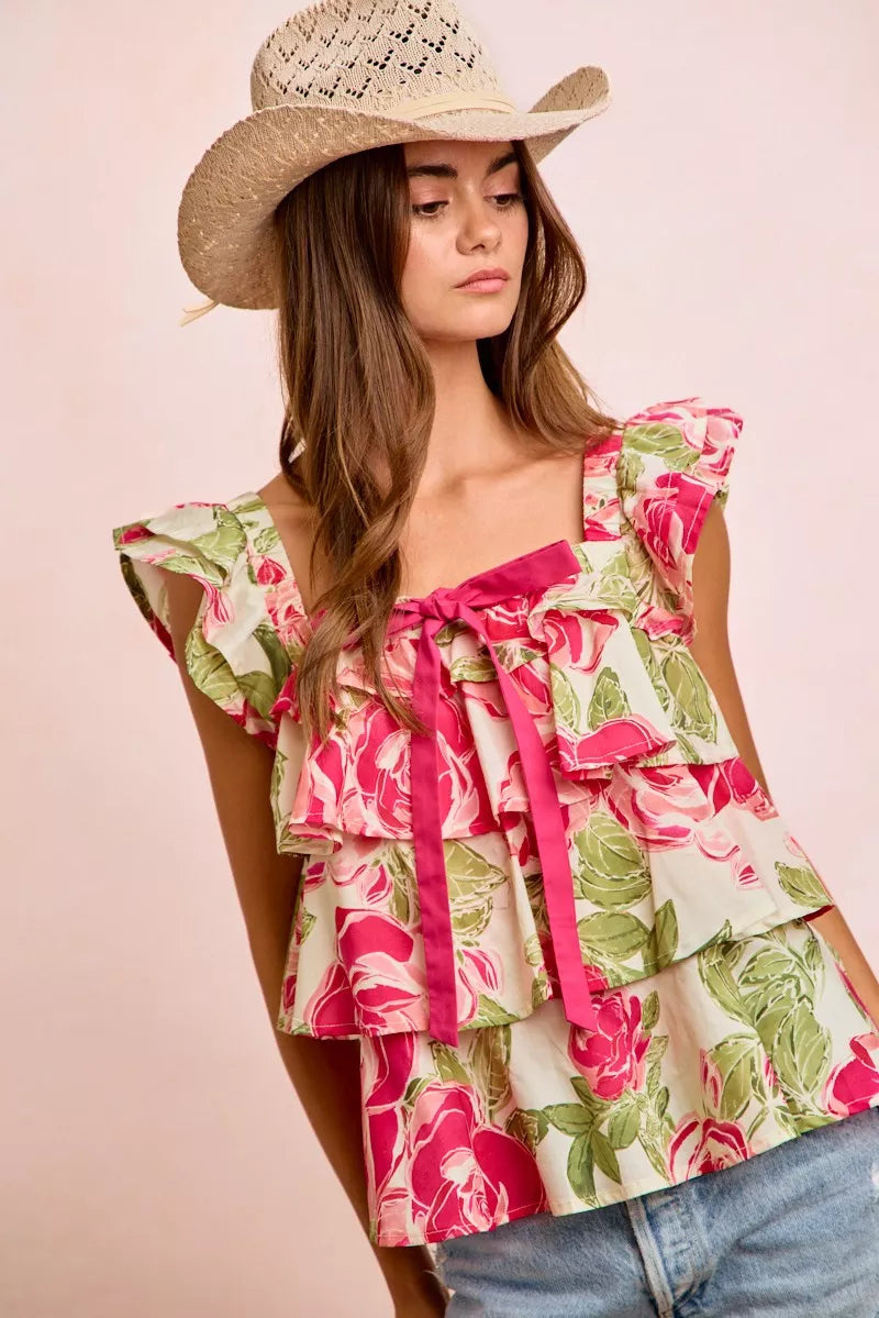 BiBi Floral Print Woven Bow Tie Ruffle Square Neck Top - Lilixa.store