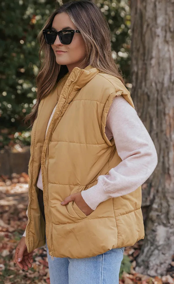 Zip Up Vest Coat with Pockets in Tan, view 3