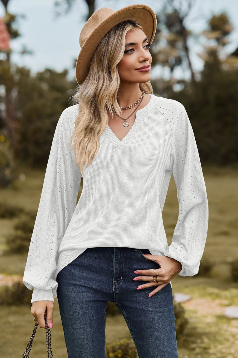 Notched Neck Raglan Sleeve Blouse, view 3