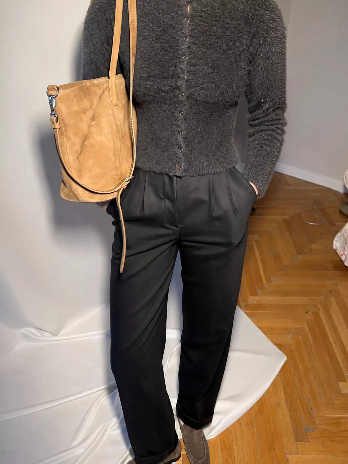 Soft Fuzzy Button-Down Cropped Cardigan in Dark Gray