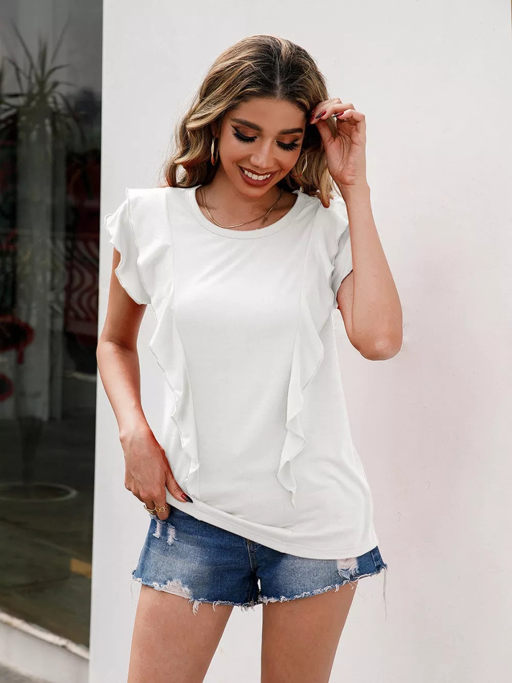 Ivy Lane Ruffled Round Neck Cap Sleeve T-Shirt - Lilixa.store
