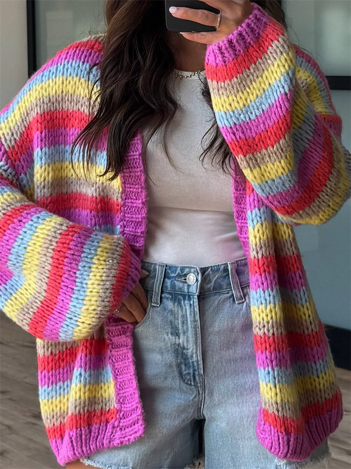Multi-Color Striped Chunky Knit Open-Front Cardigan - Lilixa.store