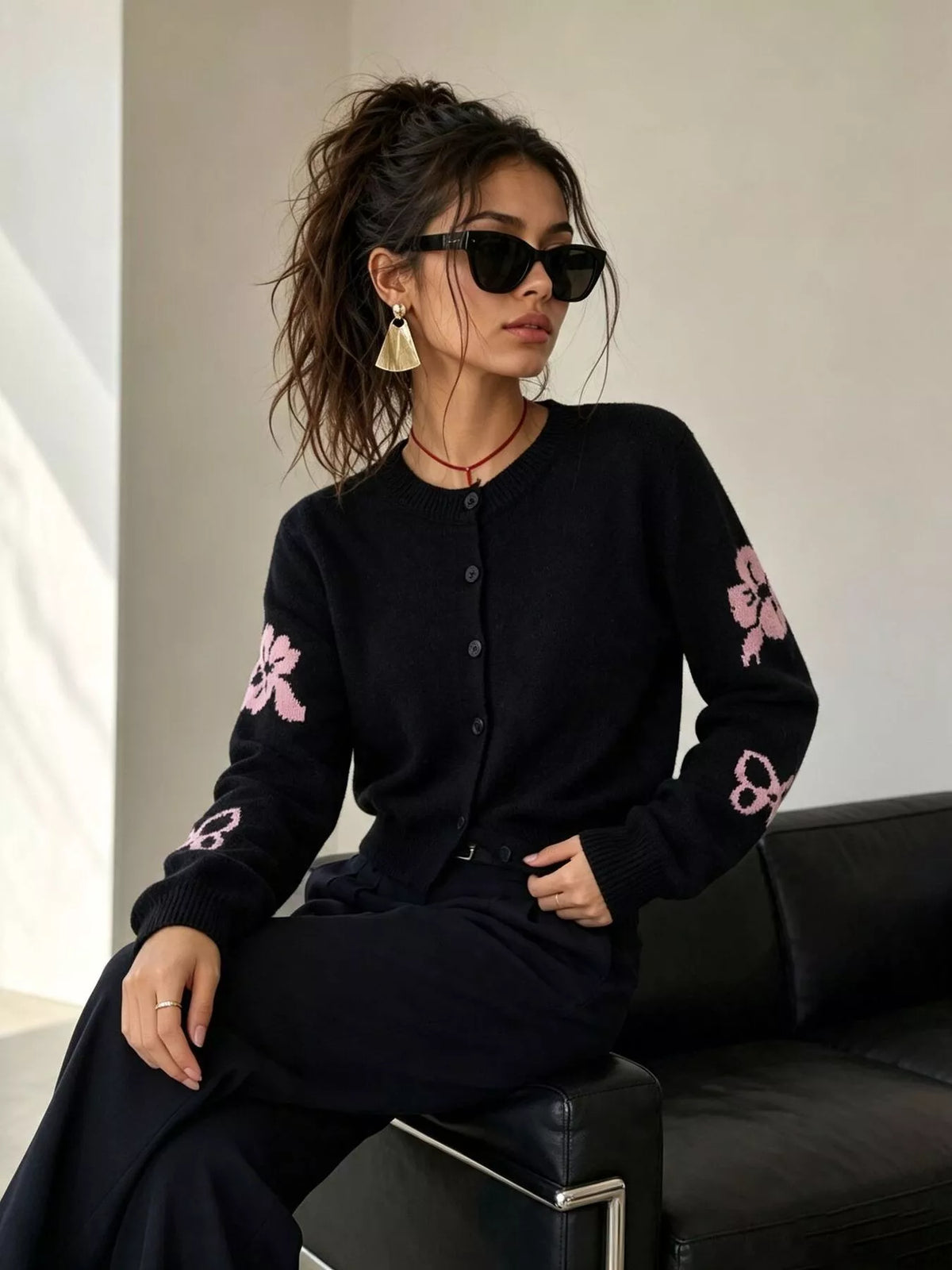 Floral Crew Neck Cropped Knit Cardigan, view 6