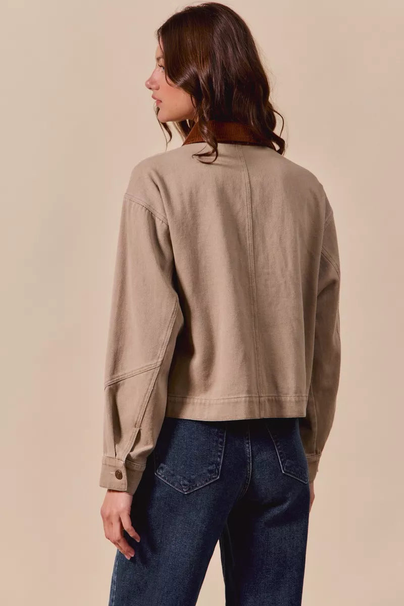 SO ME Cotton Twill Cropped Barn Jacket wtih Collar in Taupe, view 14