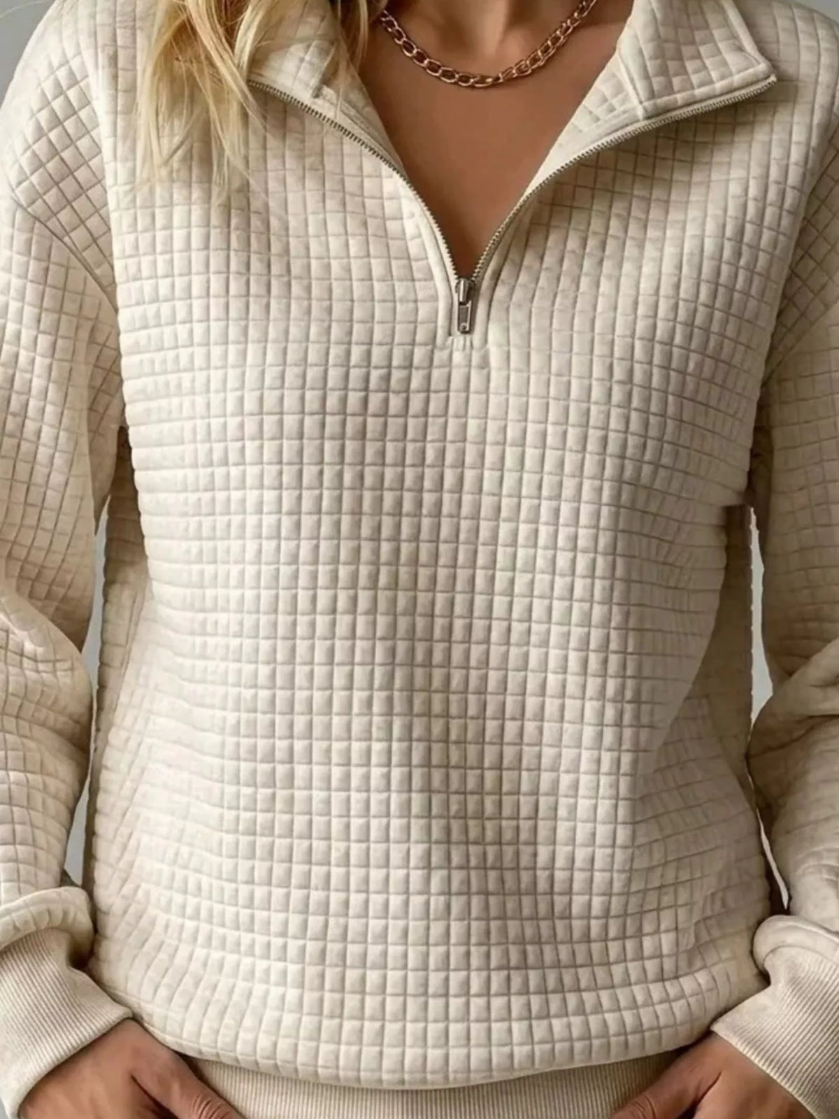 Waffle Knit Quarter-Zip Sweatshirt - Lilixa.store