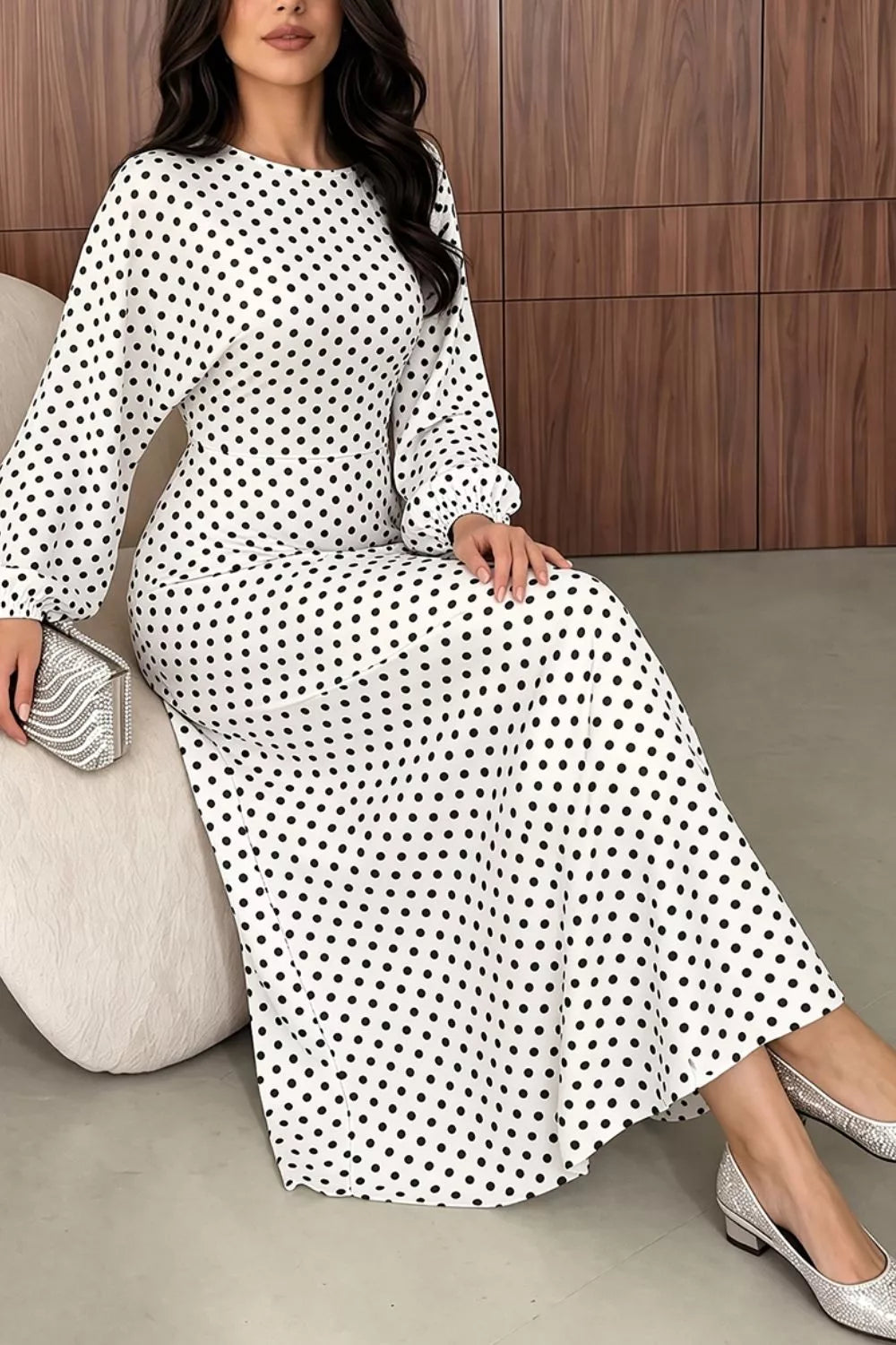 Polka Dot Long Sleeve Maxi Dress - Lilixa.store