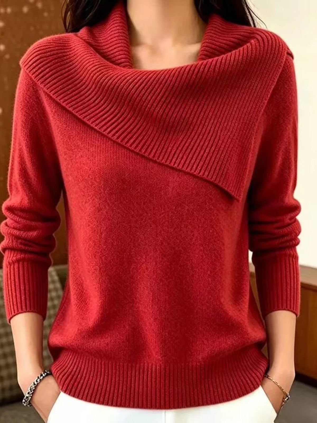 Full Size Asymmetric Ribbed Collar Sweater Plus Size