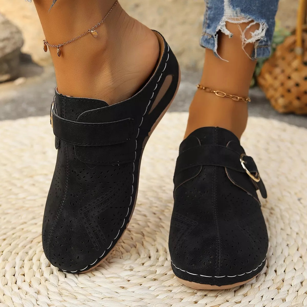 Casual Buckle Slip-Ons in Black