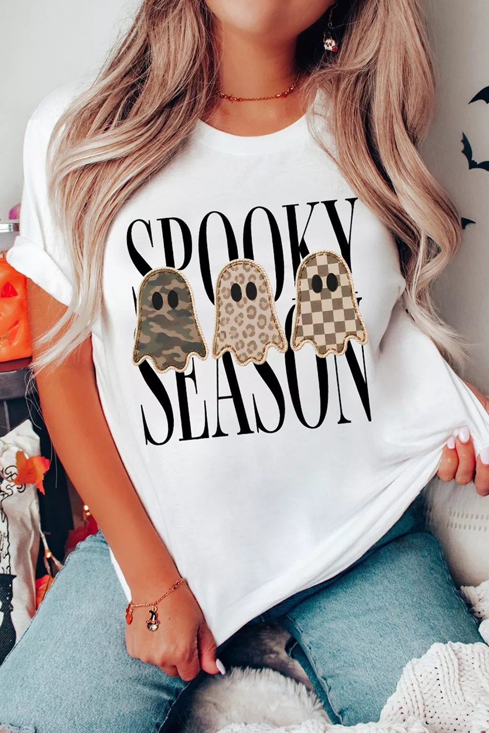 Full Size Spooky Season Ghosts Graphic Short Sleeve Halloween T Shirt Plus Size - Lilixa.store