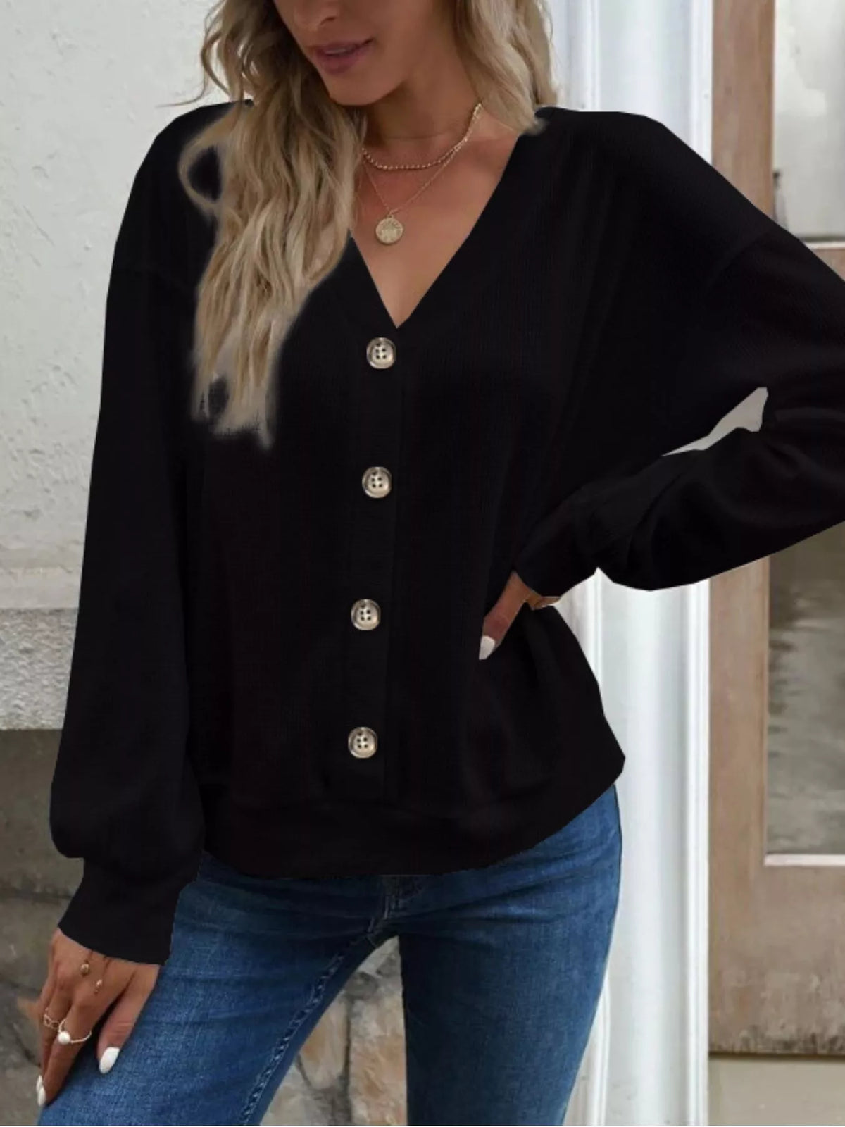 Casual V-Neck Waffle Long Sleeve Top in Black