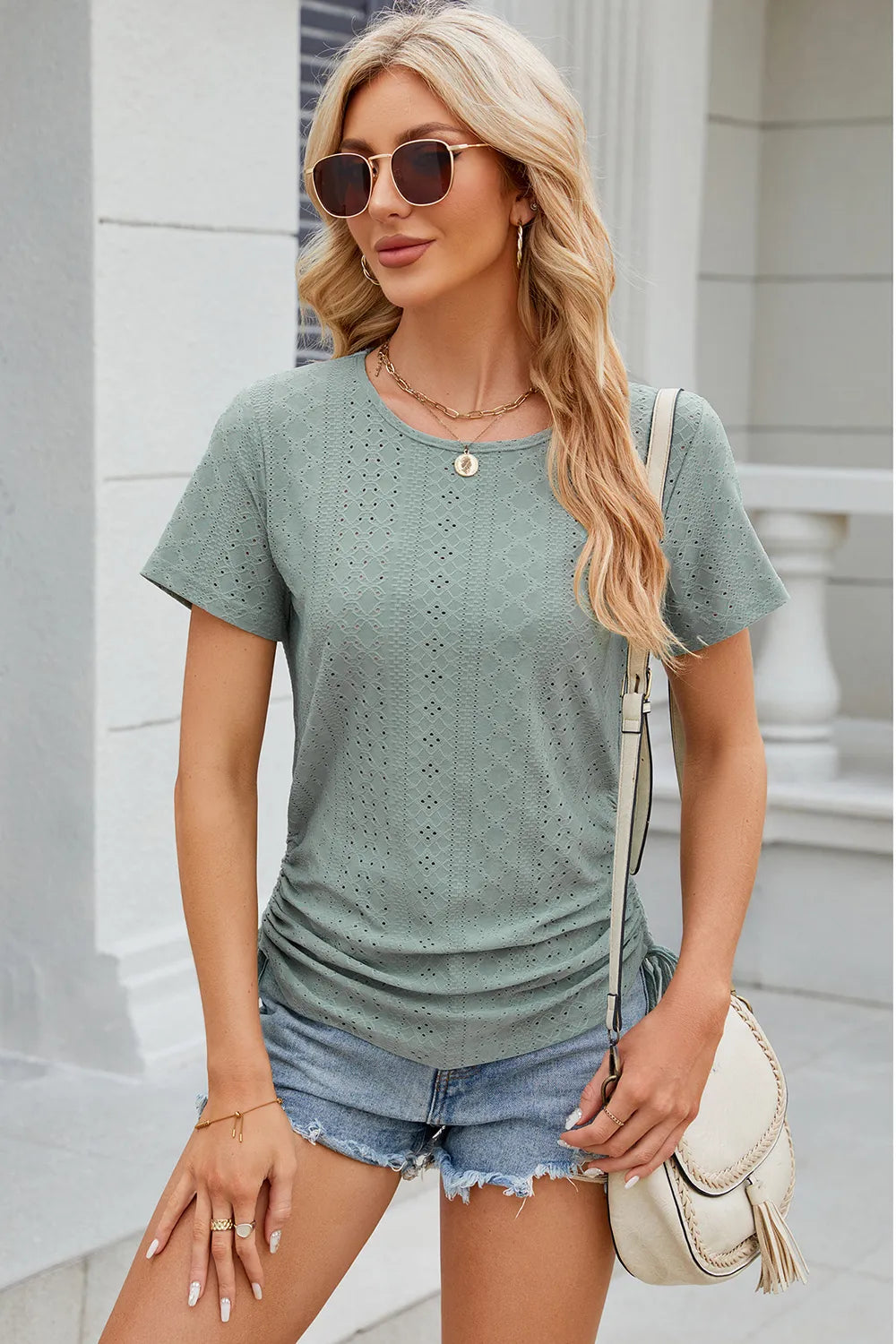 Eyelet Round Neck Short Sleeve T-Shirt - Lilixa.store