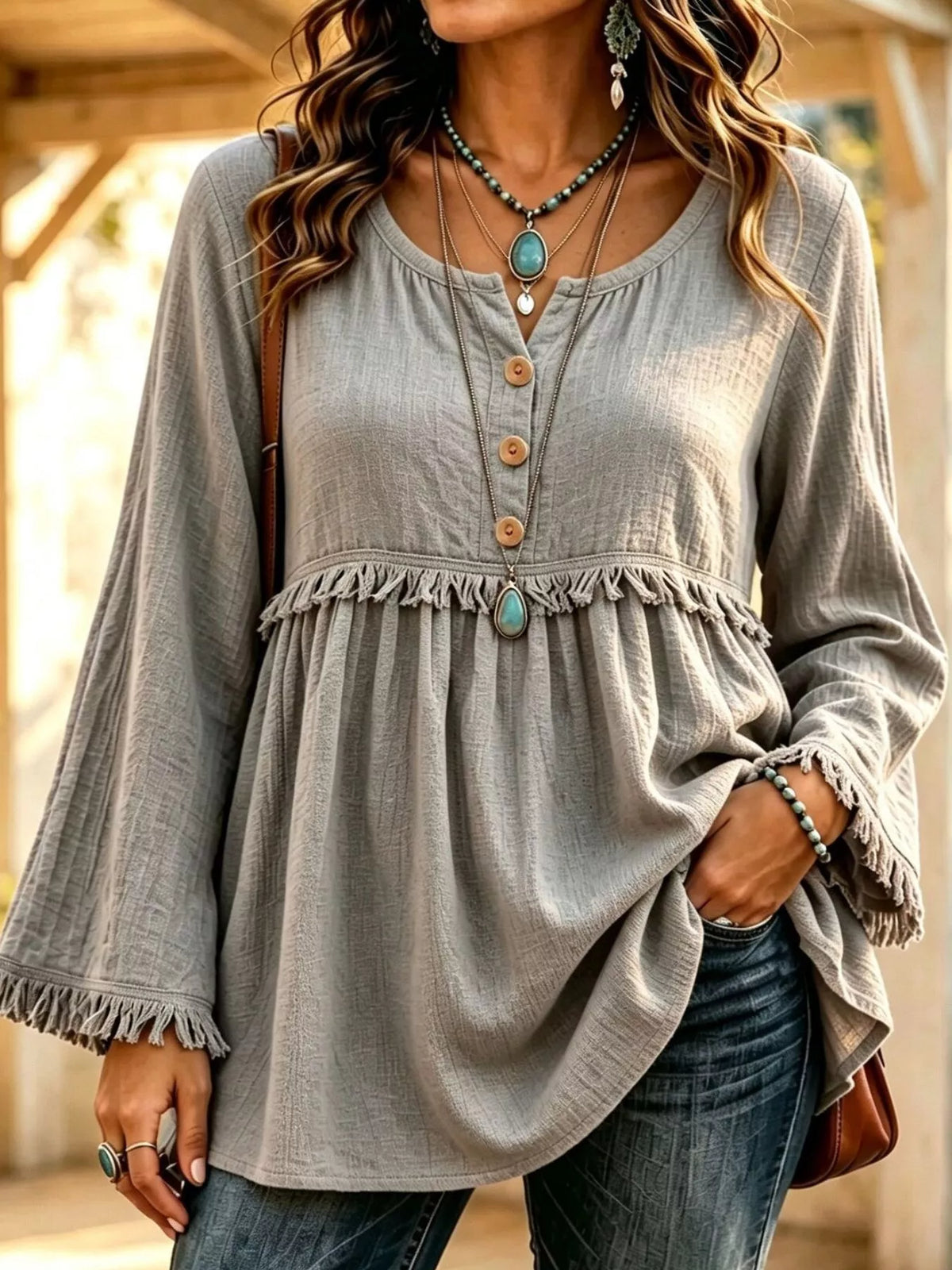 Button-Down Detail Fringed Hem Blouse in Gray