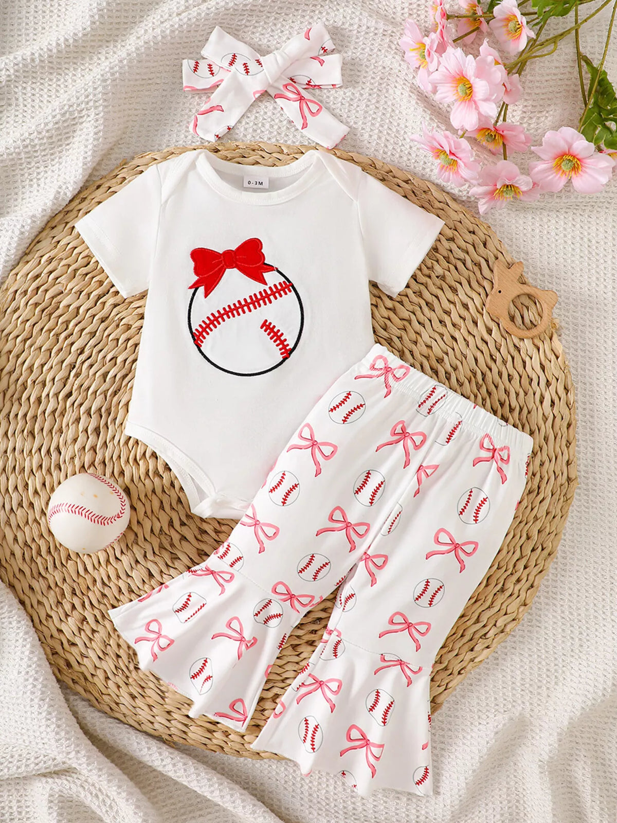 Children's Baseball Short Sleeve Bodysuit and Bow Pants Set with Headband - Lilixa.store