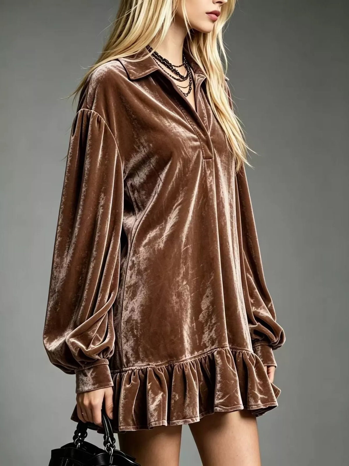 Full Size Velvet Long-Sleeve Ruffle Hem Mini Dress Plus Size