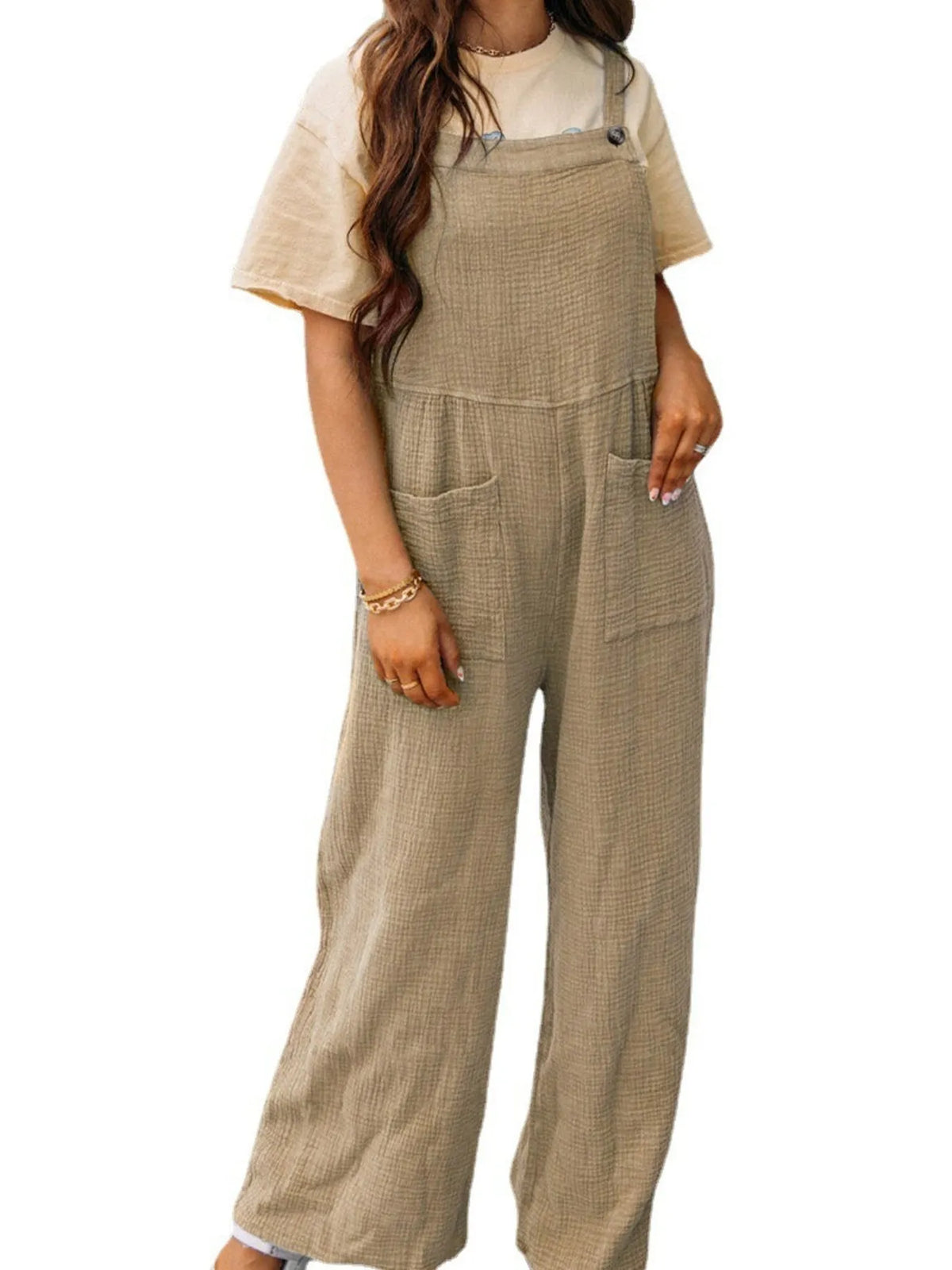 Full Size Casual Wide Leg Textured Overalls Plus Size, view 5