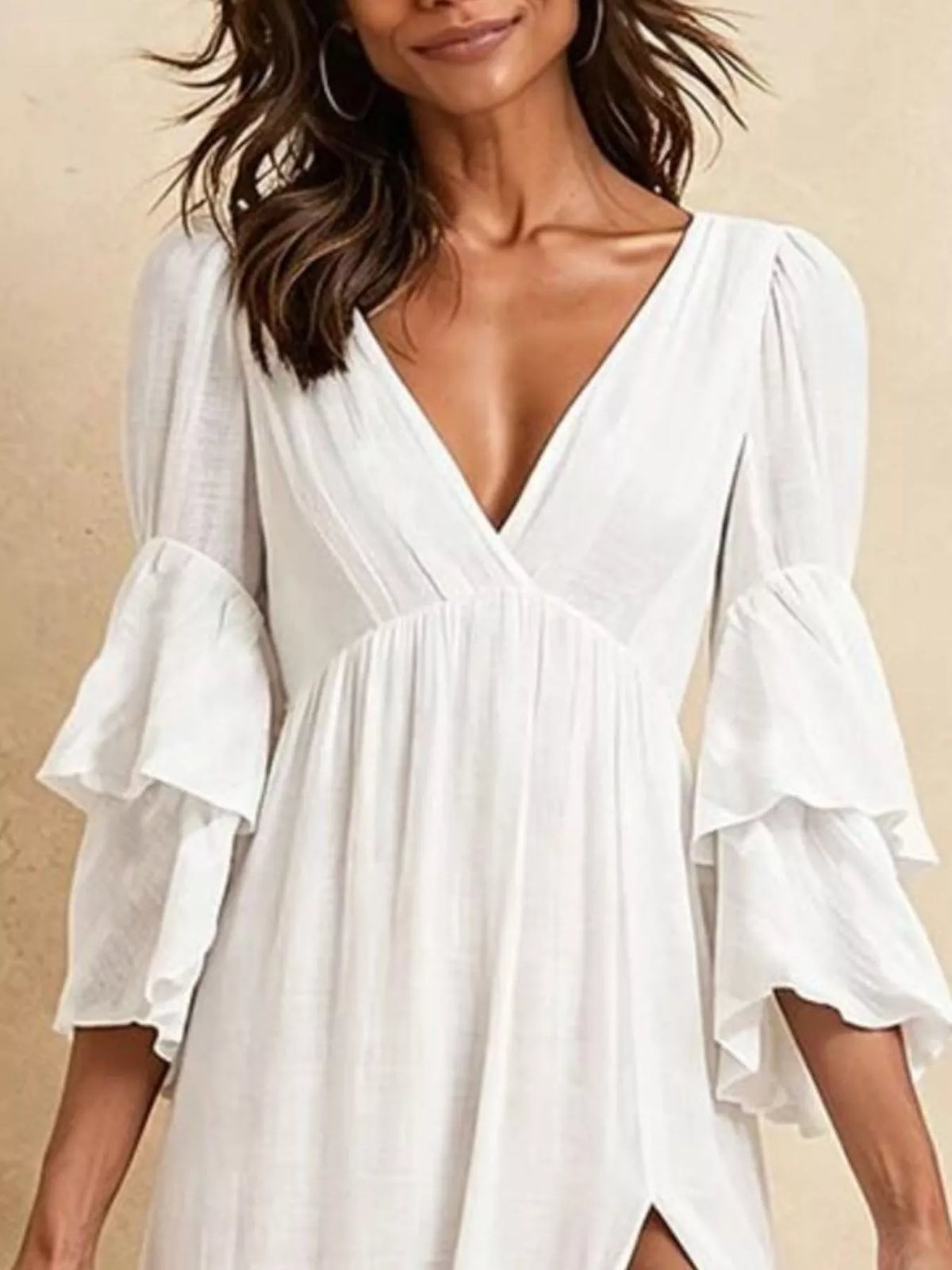 Tiered Ruffle Sleeves High Slit V-Neck Maxi Dress - Lilixa.store