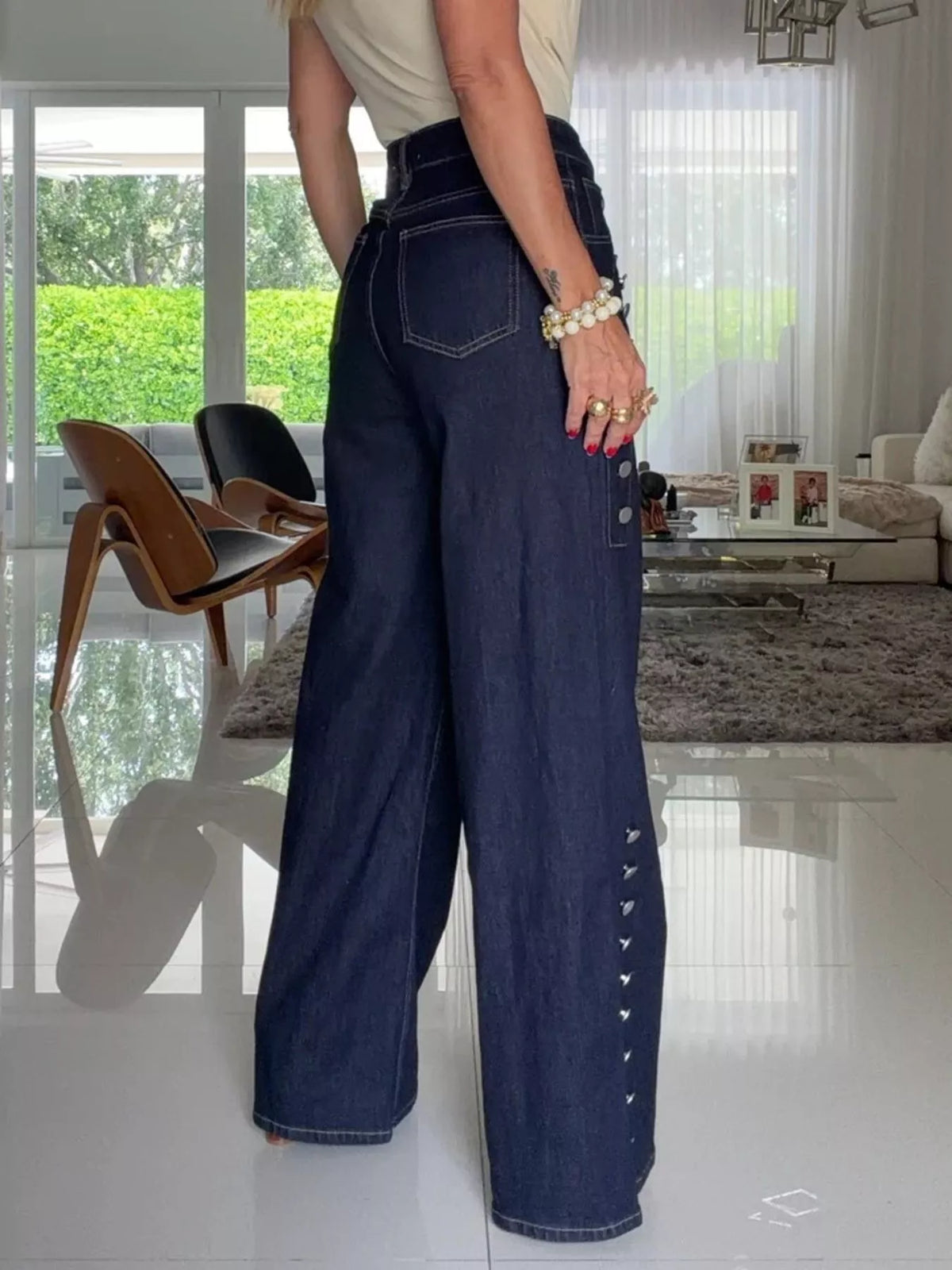 Decorative Button High-Waisted Wide-Leg Jeans